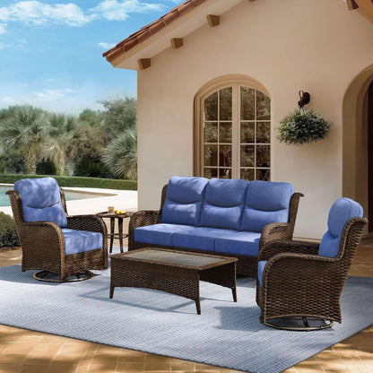 Outdoor Swivel Rocker Patio Chairs with 6-Inch Thick Cushions and Side Table, 3PCS High Back Wicker Patio Furniture Set for Porch, Balcony, Deck and Yard in Blue