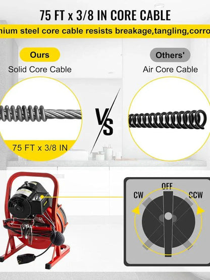 Electric Drain Cleaner Machine by Brand, 75 Ft x 3/8 Inch, Fits 1-4 Inch Pipes, Portable with 4 Cutters, Powerful Plumbing Tool for Clogs