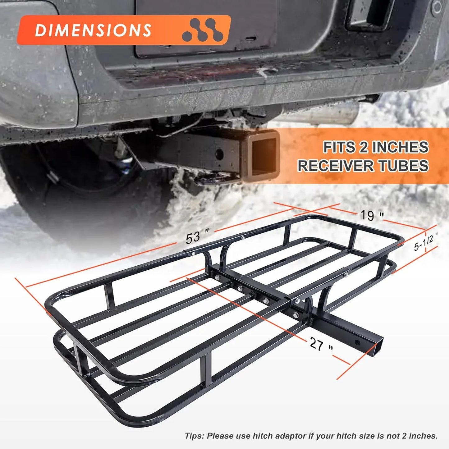 Folding hitch mounted cargo basket 60" With hook stabilizer, net and straps
