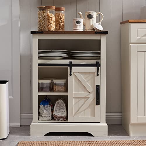 OKD Bathroom Floor Cabinet, Farmhouse Storage Cabinet with Sliding Barn Door & Storage Drawers