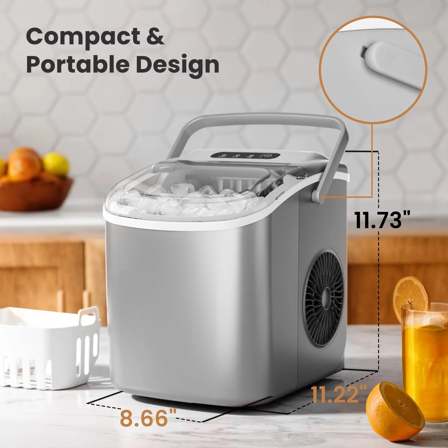 Crzoe Countertop Ice Maker Machine with Handle, 9 Bullet-Shaped Ice Cubes Ready in 6 Mins, 26Lbs/24H, Self-Cleaning Function with Ice Scoop and Basket for Home/Kitchen/Party (Grey)