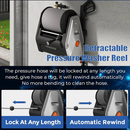 Pressure Washer, Electric Wall Mounted Power Washer with 100FT Retractable Hose, Soap Tank and 4-Nozzle Set, Dark Silver