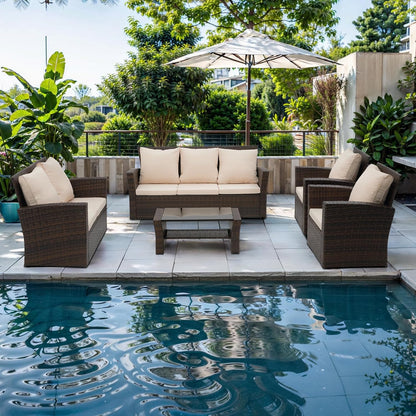 Wisteria Lane 4 Piece Outdoor Patio Furniture Sets, Wicker Conversation Set for Porch Deck, Grey Rattan Sofa Chair with Cushion Blue