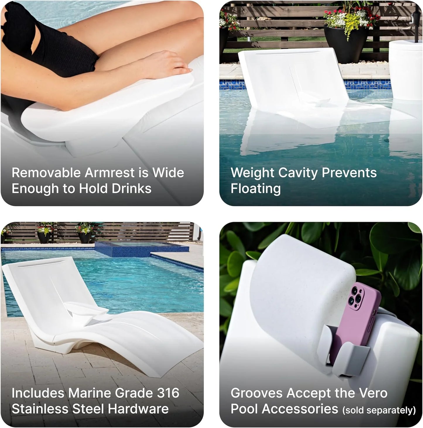 Pool Lounger, Fade-Resistant, Waterproof Patio Furniture, Pool Lounge Chair for Sun Shelf, Use in Pools with Shelves Up to 9-Inches Deep or Outside Pool Deck, Weighted, White