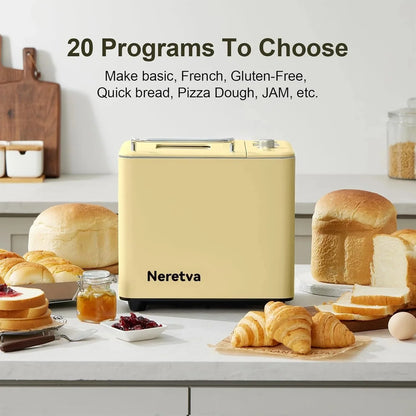 Neretva Bread Maker, 20-in-1 2LB Bread Maker Dual Heater Bread Maker Automatic with Non-Stick Ceramic Pan