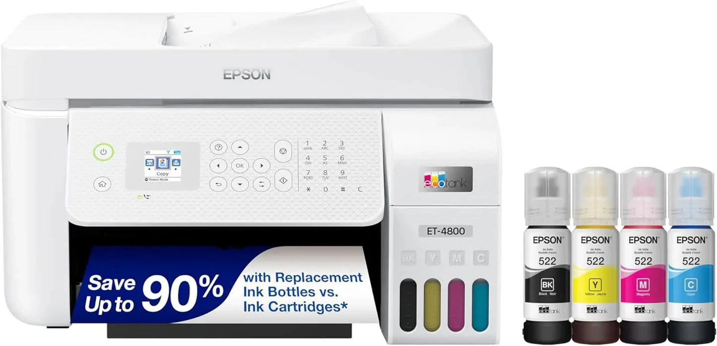 ET 4800 Wireless All in One Cartridge Free Supertank Printer with Scanner, Copier, Fax, ADF and Ethernet – Ideal for Your Home Office, White