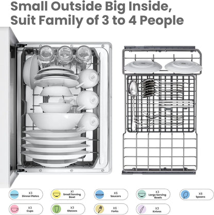 COMFEE' Portable Dishwasher Countertop with 5L Built-in Water Tank, No Hookup Needed, 6 Programs, 360° Dual Spray, 192℉ High-Temp& Air-Dry Function, Mini Dishwasher for RVs, White