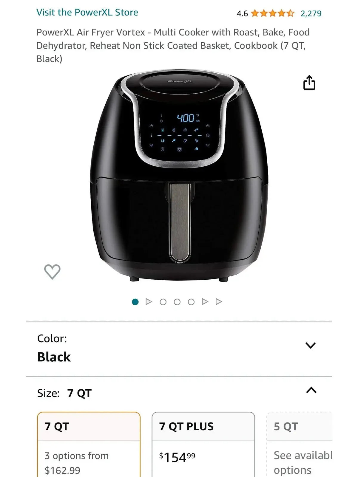 PowerXL Air Fryer Vortex Multi-Cooker, Roast/Bake/Dehydrate/Reheat, Non-Stick Basket, Includes Cookbook
