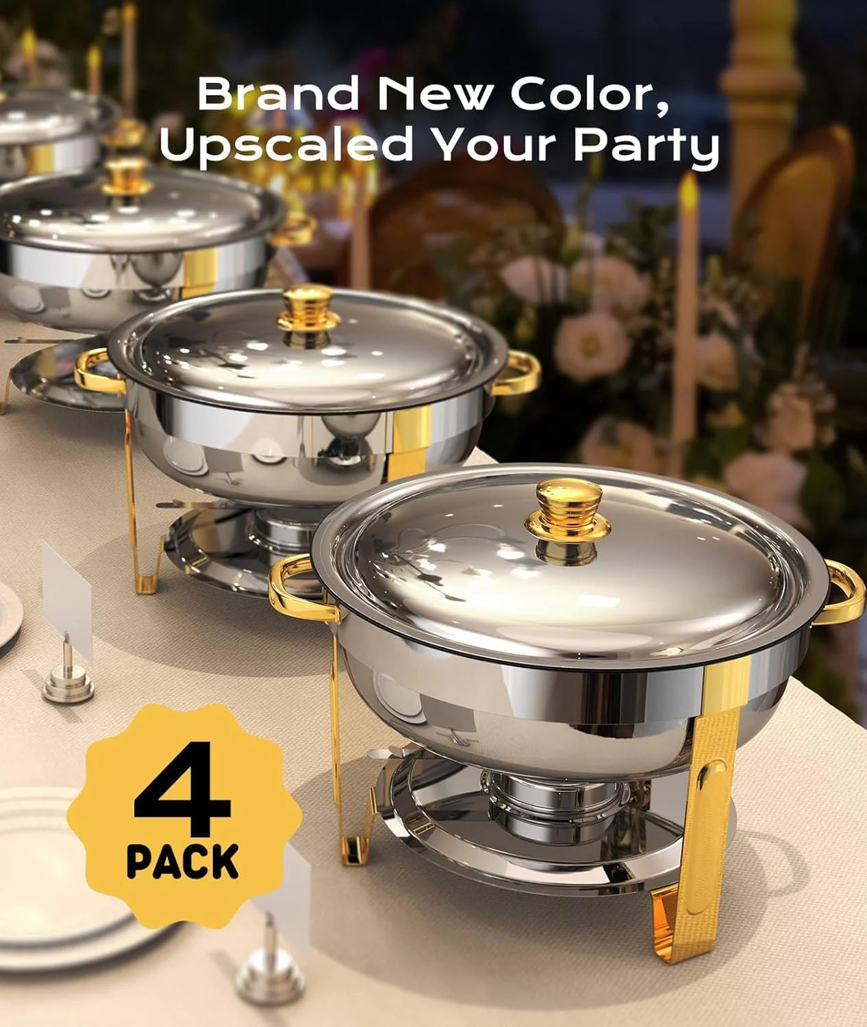 Chafing Dishes for Buffet 4 Pack, 5QT Worry-Free Assemble Round Chafing Dish Buffet Set Elegant Gold and Silver Colors Stainless Steel Chafers and Buffet Warmers Sets for Parties with Complete Set
