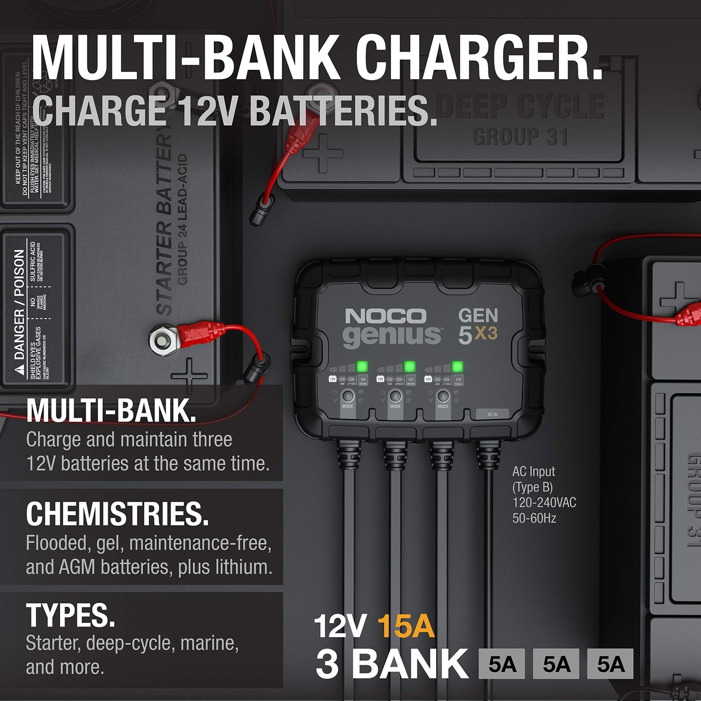 NOCO Genius GEN5X3: 3-Bank 15A Marine Battery Charger