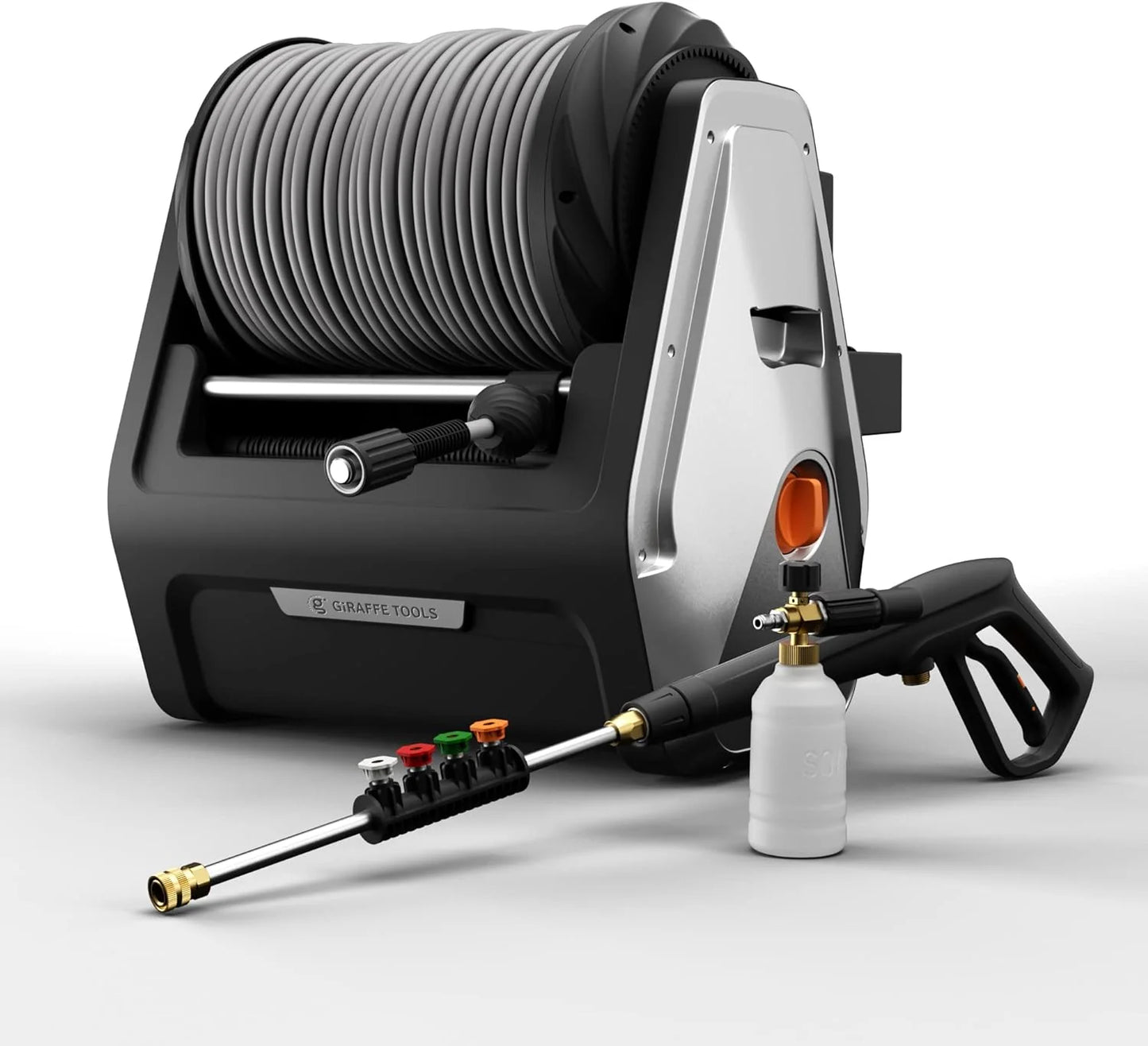 Pressure Washer, Electric Wall Mounted Power Washer with 100FT Retractable Hose, Soap Tank and 4-Nozzle Set, Dark Silver