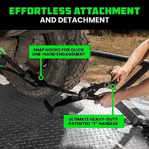 Car Tie Down Straps for Trailers with J Hooks (4-Pack) - 2 Inch x 8 Feet (10,000lb Break Strength) - Heavy Duty T-Handle Car Hauler Tire Straps for Trailer & UTV with Axle Straps - Black