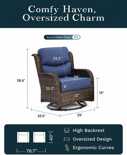 Outdoor Swivel Rocker Patio Chairs with 6-Inch Thick Cushions and Side Table, 3PCS High Back Wicker Patio Furniture Set for Porch, Balcony, Deck and Yard in Blue