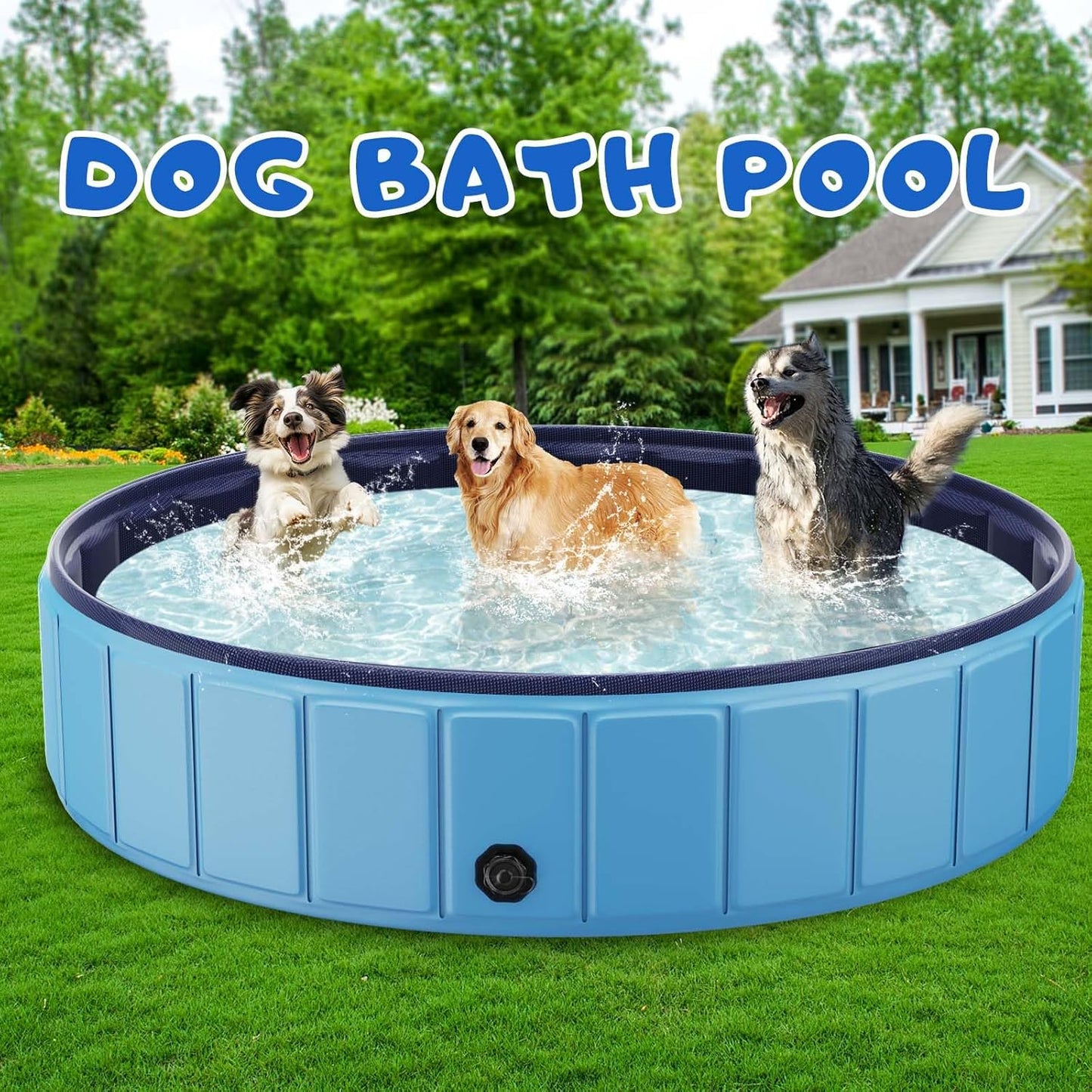 Foldable Dog Swimming Pool, 120"x20" Oversize Collapsable Hard Plastic Potable Bathing Tub for Pet Dog Kiddie Pool Indoor and Outdoor Leakproof PVC Play Pool for Large Dogs Pets Puppy Kids Blue