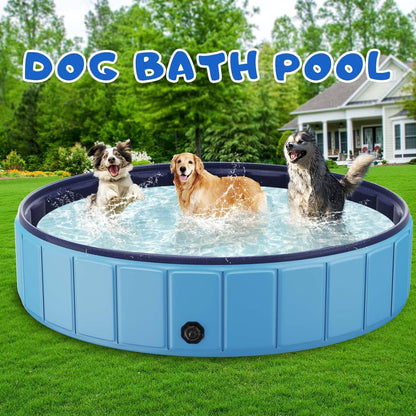 Foldable Dog Swimming Pool, 120"x20" Oversize Collapsable Hard Plastic Potable Bathing Tub for Pet Dog Kiddie Pool Indoor and Outdoor Leakproof PVC Play Pool for Large Dogs Pets Puppy Kids Blue