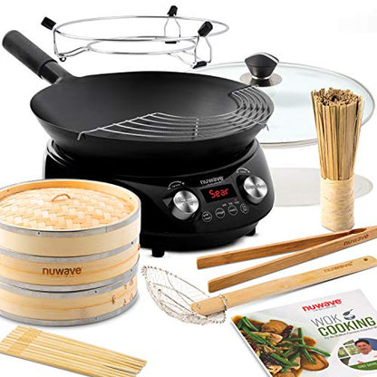 Nuwave Mosaic Induction Wok, Precise Temp Controls from 100u00b0F to 575u00b0F in 5u00b0F, Wok Hei, Infuse Complex Charred Aroma & Flavor, 3 Watts 600, 900 & 1500, Authentic 14-inch Carbon Steel Wok Included