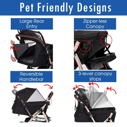 Pet Rover Premium Heavy Duty DogCat Stroller Travel Carriage CompartmentZipperless EntryPump-Free Rubber Tires Small, Medium, Large Pets (Black 2nd-Gen.), X-Large (Pack of 1)