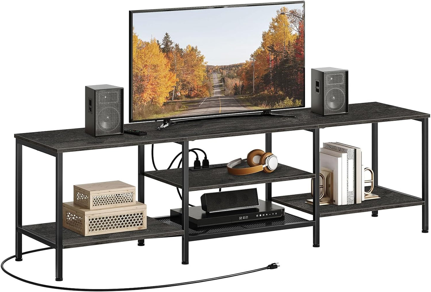 TV Stand with Power Outlets to 75 Inches, TV Console Table with Open Storage Shelves Cabinet, Industrial Media Entertainment Center for Living Room Bedroom, Rustic Brown and Black BF60DS01
