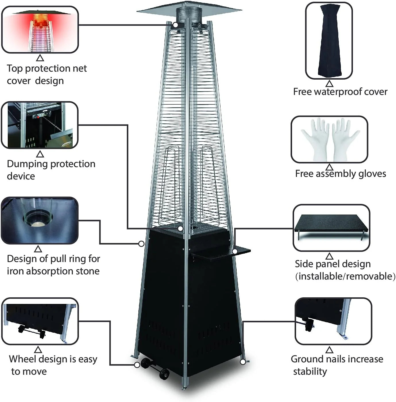 Pyramid Patio Propane Heater48,000 BTU Outdor Patio Flame Heater With Wheels,Waterproof Cover Quartz Glass Tube Propane Heater for Patio, Party, Backyard, Garden, Decoration(Bronze)