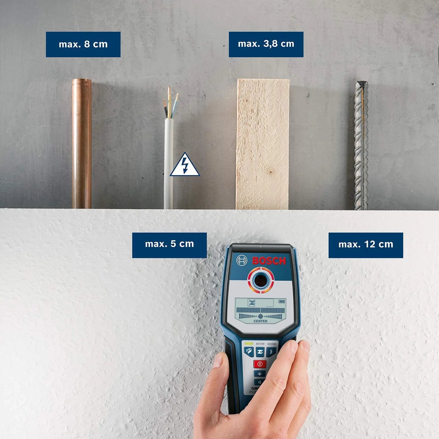 Bosch Professional Stud Finder GMS 120 (Drill hole marker, max. detection depth wood/magnetic metal/non-magnetic metal/live cable: 38/120/80/50 mm, in cardboard box) - Amazon Exclusive Set