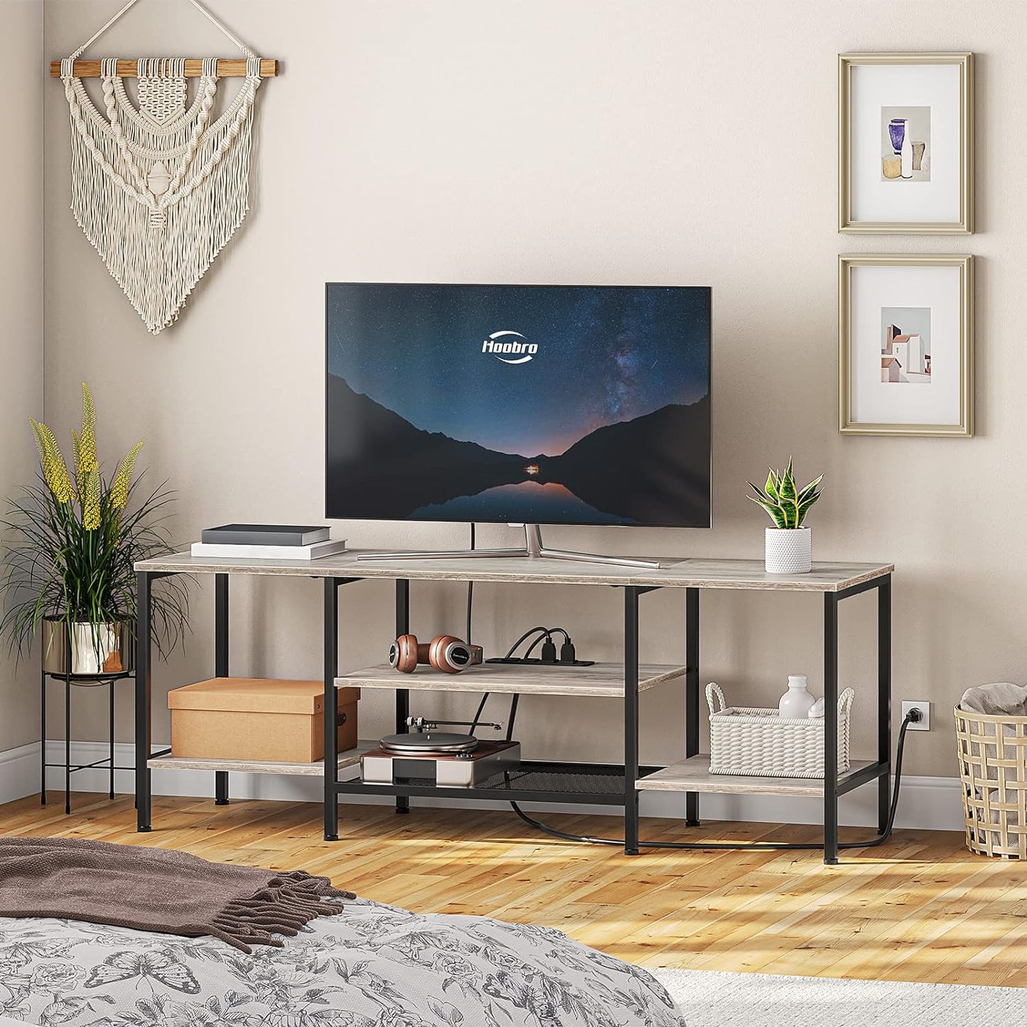 TV Stand with Power Outlets to 75 Inches, TV Console Table with Open Storage Shelves Cabinet, Industrial Media Entertainment Center for Living Room Bedroom, Rustic Brown and Black BF60DS01