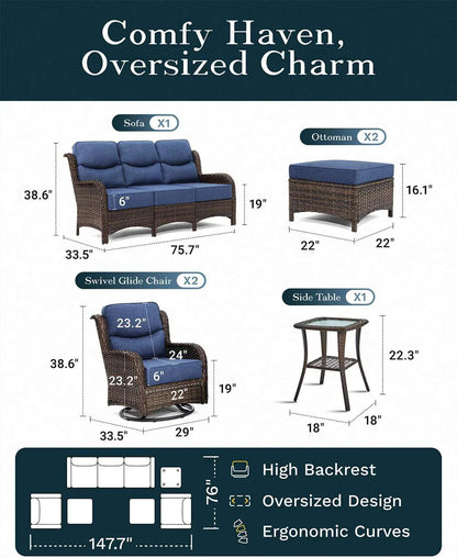 Outdoor Swivel Rocker Patio Chairs with 6-Inch Thick Cushions and Side Table, 3PCS High Back Wicker Patio Furniture Set for Porch, Balcony, Deck and Yard in Blue