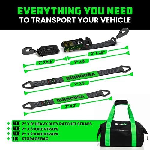 Car Tie Down Straps for Trailers with J Hooks (4-Pack) - 2 Inch x 8 Feet (10,000lb Break Strength) - Heavy Duty T-Handle Car Hauler Tire Straps for Trailer & UTV with Axle Straps - Black