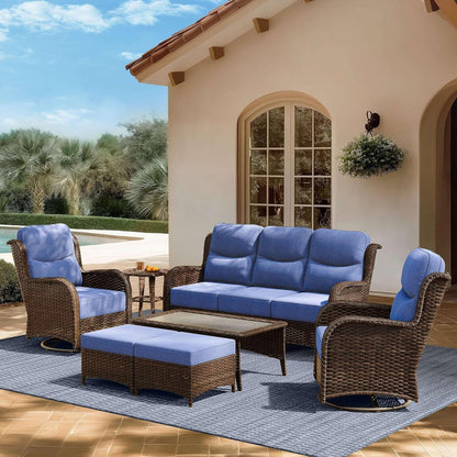 Outdoor Swivel Rocker Patio Chairs with 6-Inch Thick Cushions and Side Table, 3PCS High Back Wicker Patio Furniture Set for Porch, Balcony, Deck and Yard in Blue