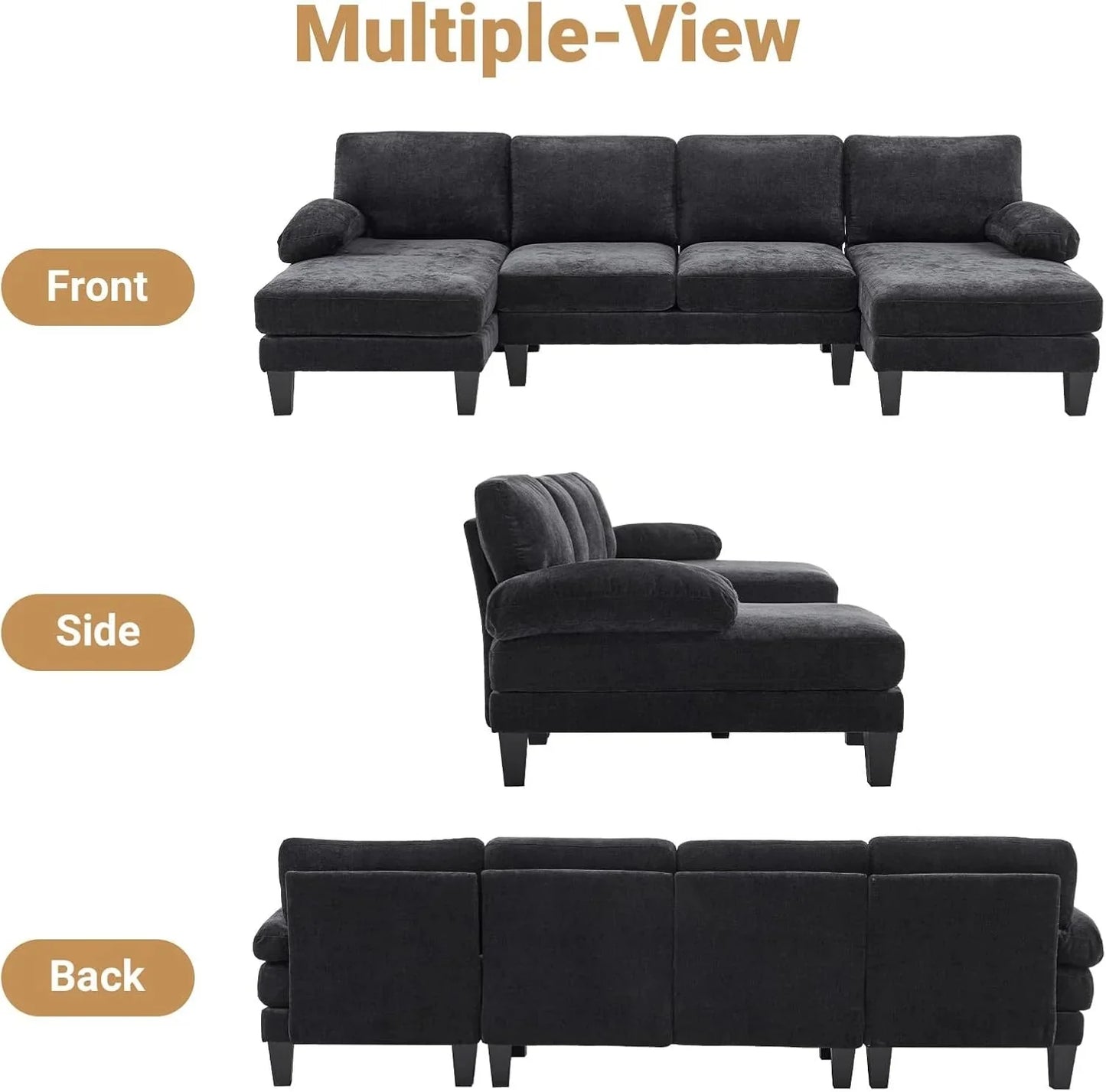 VINGLI 110" Sectional Couches for Living Room,U Shaped Couch with Double Chaise, 4-Seat Sofa Set with Chenille Fabric for Home Furniture,Beige