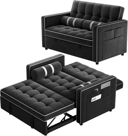 Pipishell 3 in 1 Convertible Sleeper Sofa Bed,Pull Out Couch for Living Room with USB Ports & Side Pockets,Adjustable Backrest,Velvet,Loveseat Sofa Bed,Futon Couches,Black