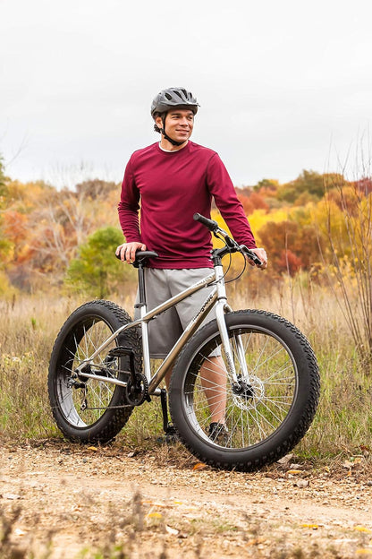 Mongoose Malus Mens and Women Fat Tire Mountain Bike, 26-Inch Bicycle Wheels, 4-Inch Wide Knobby Tires, Steel Frame, 7 Speed Drivetrain, Shimano Rear Derailleur, Disc Brakes