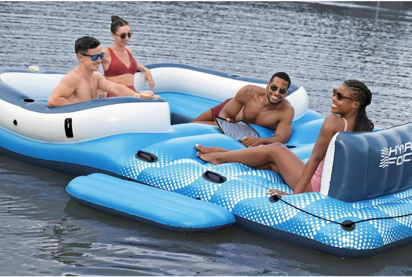 Tropical Breeze 6 Person Inflatable Party Island Large Relaxing Water Float with Detachable Sunshade and Cooler Bag