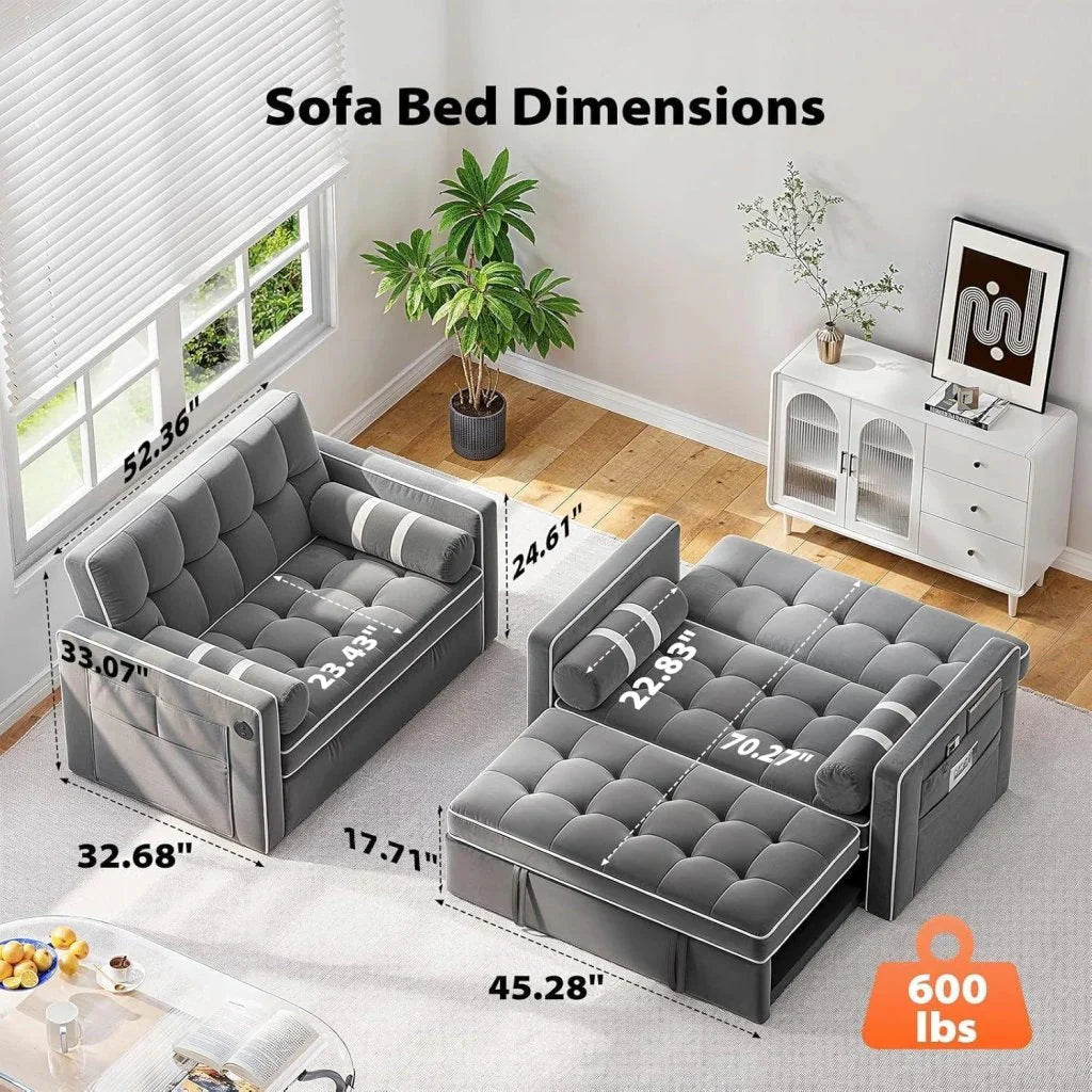 Pipishell 3 in 1 Convertible Sleeper Sofa Bed,Pull Out Couch for Living Room with USB Ports & Side Pockets,Adjustable Backrest,Velvet,Loveseat Sofa Bed,Futon Couches,Black