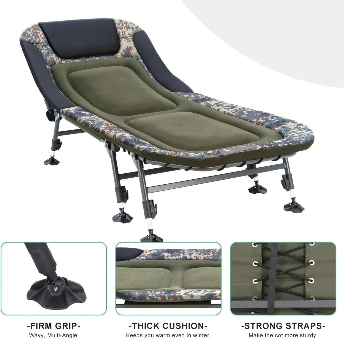 Camping Cots for Adults 330Lbs with Carry Bag, Heavy Duty Folding Bed with Soft Padded Cushion, Portable Military Cot for Hunting, 180° Adjustable Reclining Outdoor Lounger