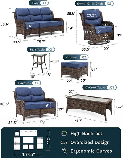 Outdoor Swivel Rocker Patio Chairs with 6-Inch Thick Cushions and Side Table, 3PCS High Back Wicker Patio Furniture Set for Porch, Balcony, Deck and Yard in Blue