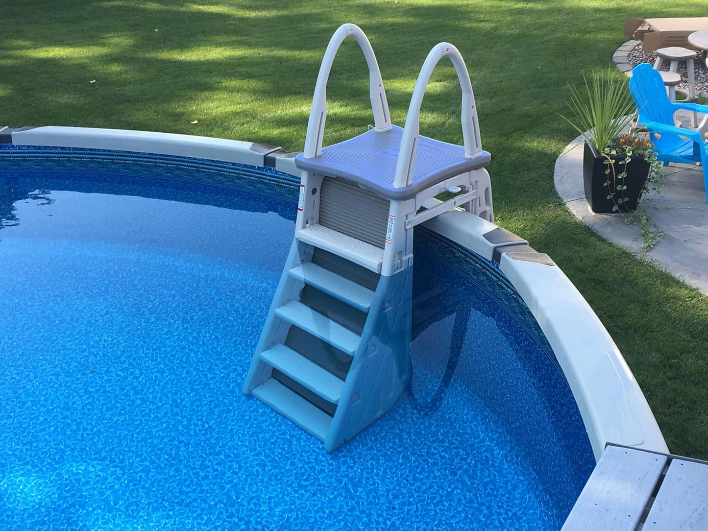 Confer Plastics 7200 Roll Guard 48" to 56" Adjustable A Frame Safety Ladder for Above Ground Outdoor Patio Swimming Pool Platform Ladder with Step Barrier, Warm Grey…