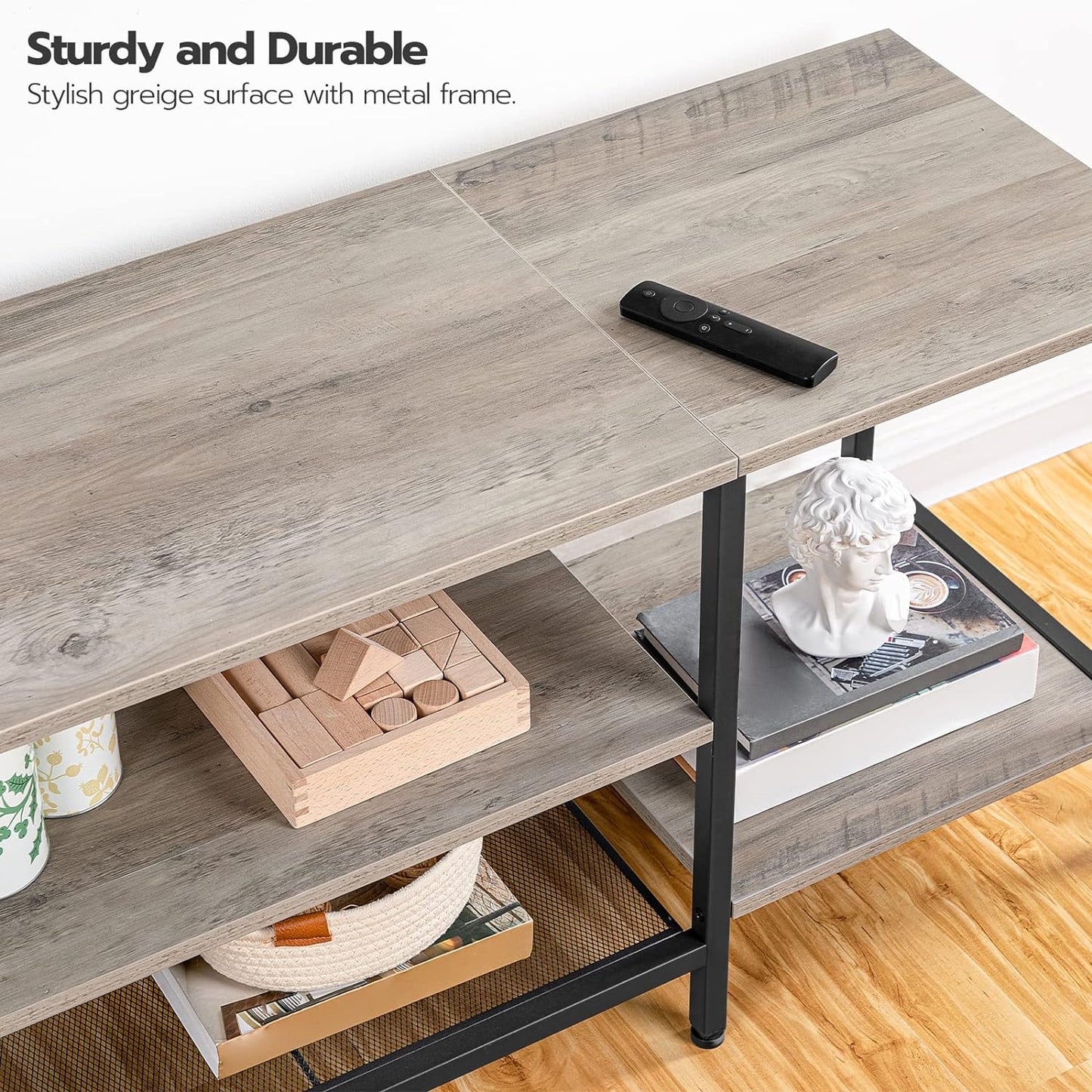 TV Stand with Power Outlets to 75 Inches, TV Console Table with Open Storage Shelves Cabinet, Industrial Media Entertainment Center for Living Room Bedroom, Rustic Brown and Black BF60DS01