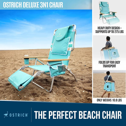 Deluxe 3 in 1 Beach Chair with Face Opening - Portable, Reclining Lounger for Tanning - Face Hole for Reading on Stomach - Padded Footrest, Removable Pillow - Aluminum