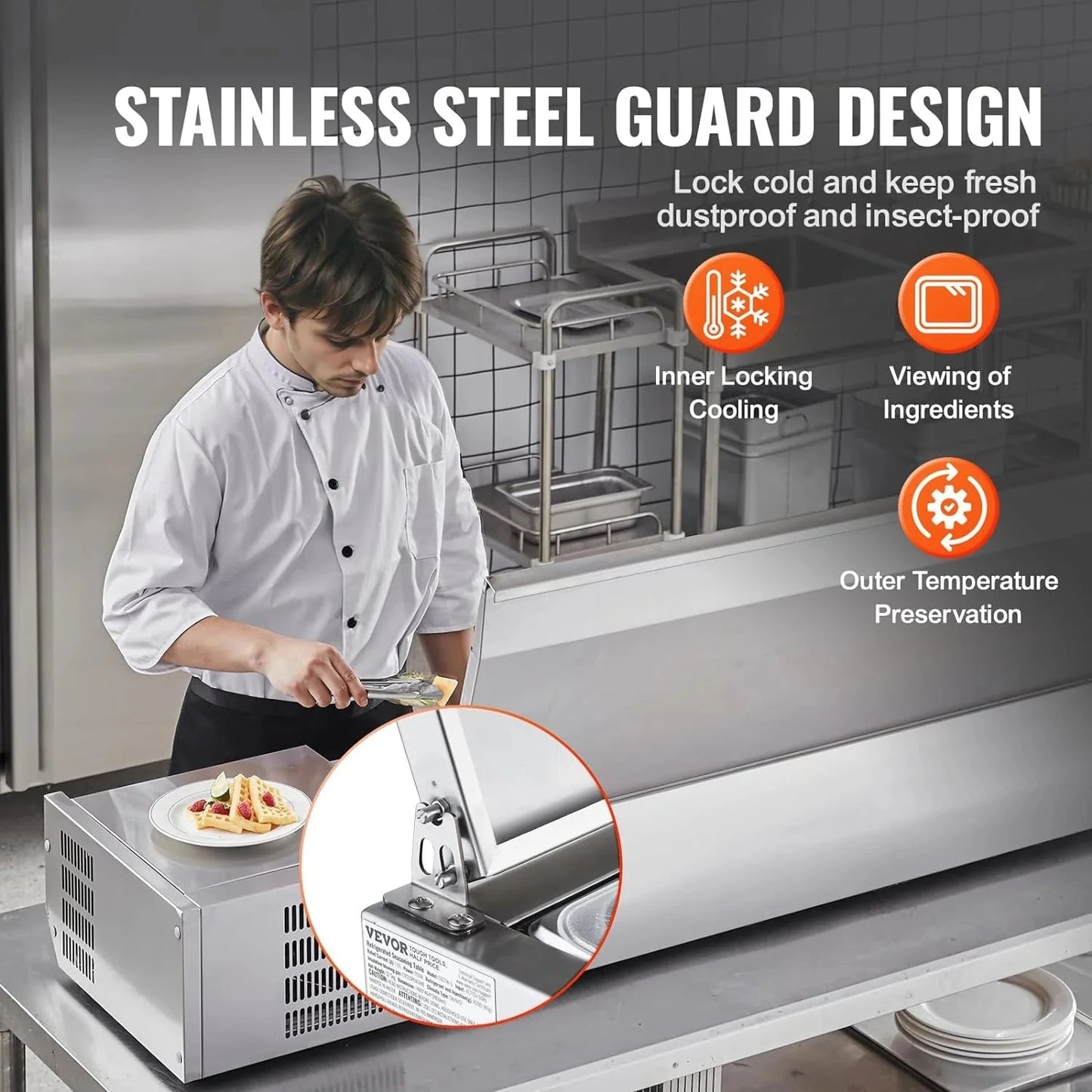 Refrigerated Condiment Prep Station, 135 W Countertop Refrigerated Condiment Station, with 2 1/3 Pans & 4 1/6 Pans, 304 Stainless Body and PC Lid, Sandwich Prep Table with Stainless Guard, ETL