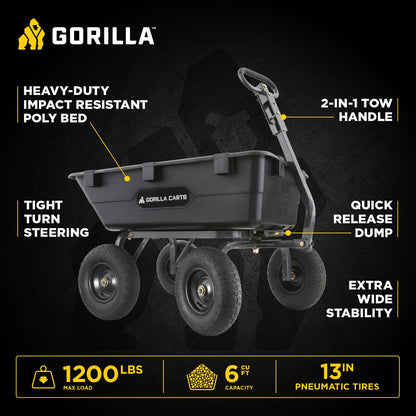 GORILLA CARTS Heavy-Duty Poly Yard Dump Cart - 1200 lb Capacity