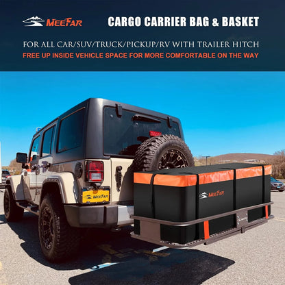 Folding hitch mounted cargo basket 60" With hook stabilizer, net and straps