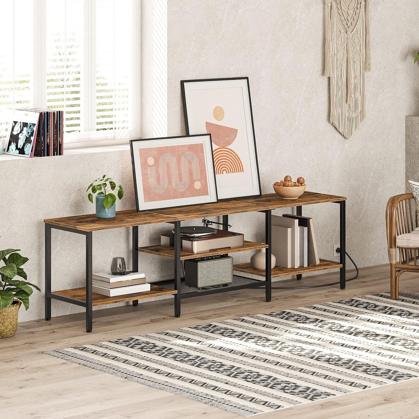 TV Stand with Power Outlets to 75 Inches, TV Console Table with Open Storage Shelves Cabinet, Industrial Media Entertainment Center for Living Room Bedroom, Rustic Brown and Black BF60DS01