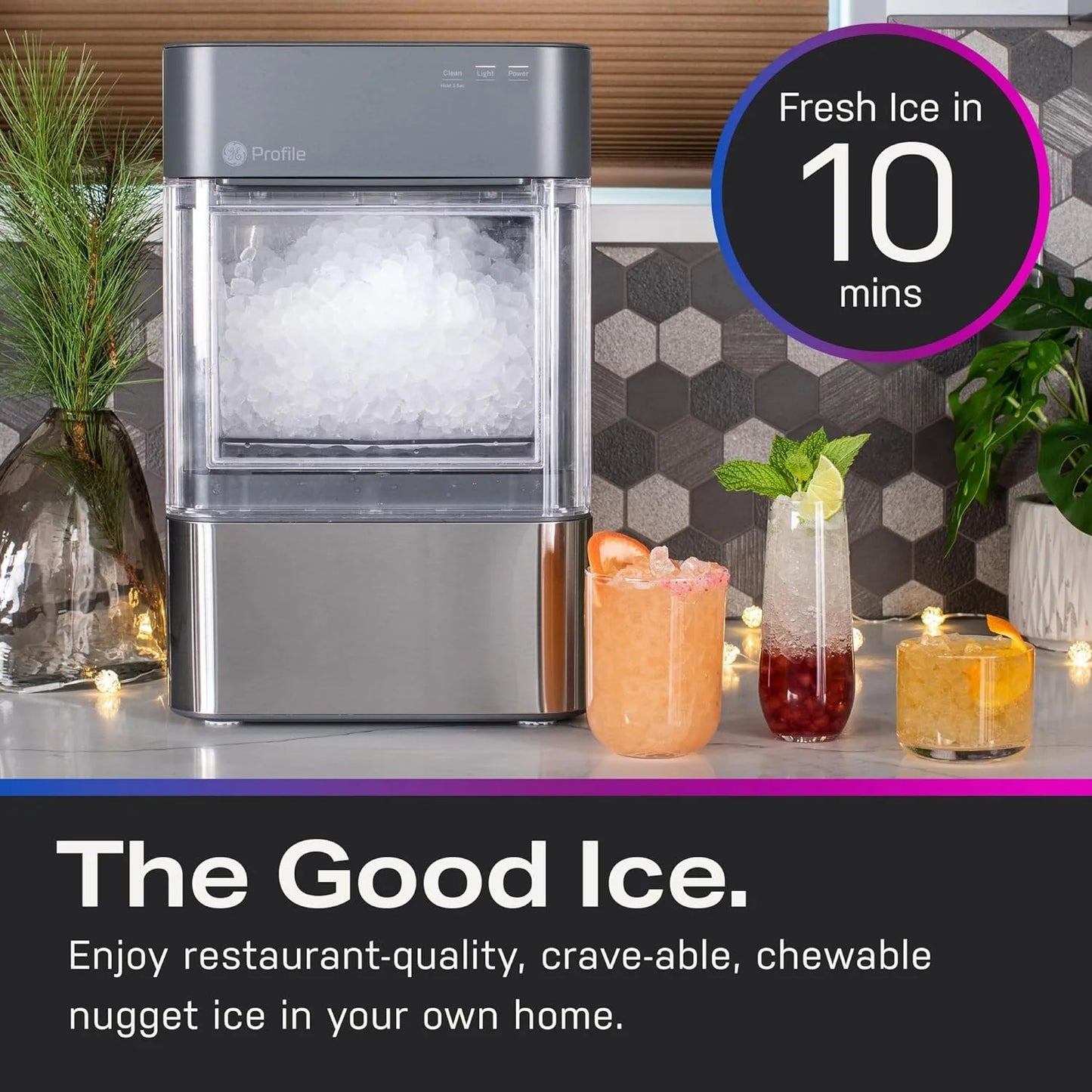 Countertop Nugget Ice Maker with Side Tank | Ice Machine with WiFi Connectivity | Smart Home Kitchen Essentials | Stainless Steel