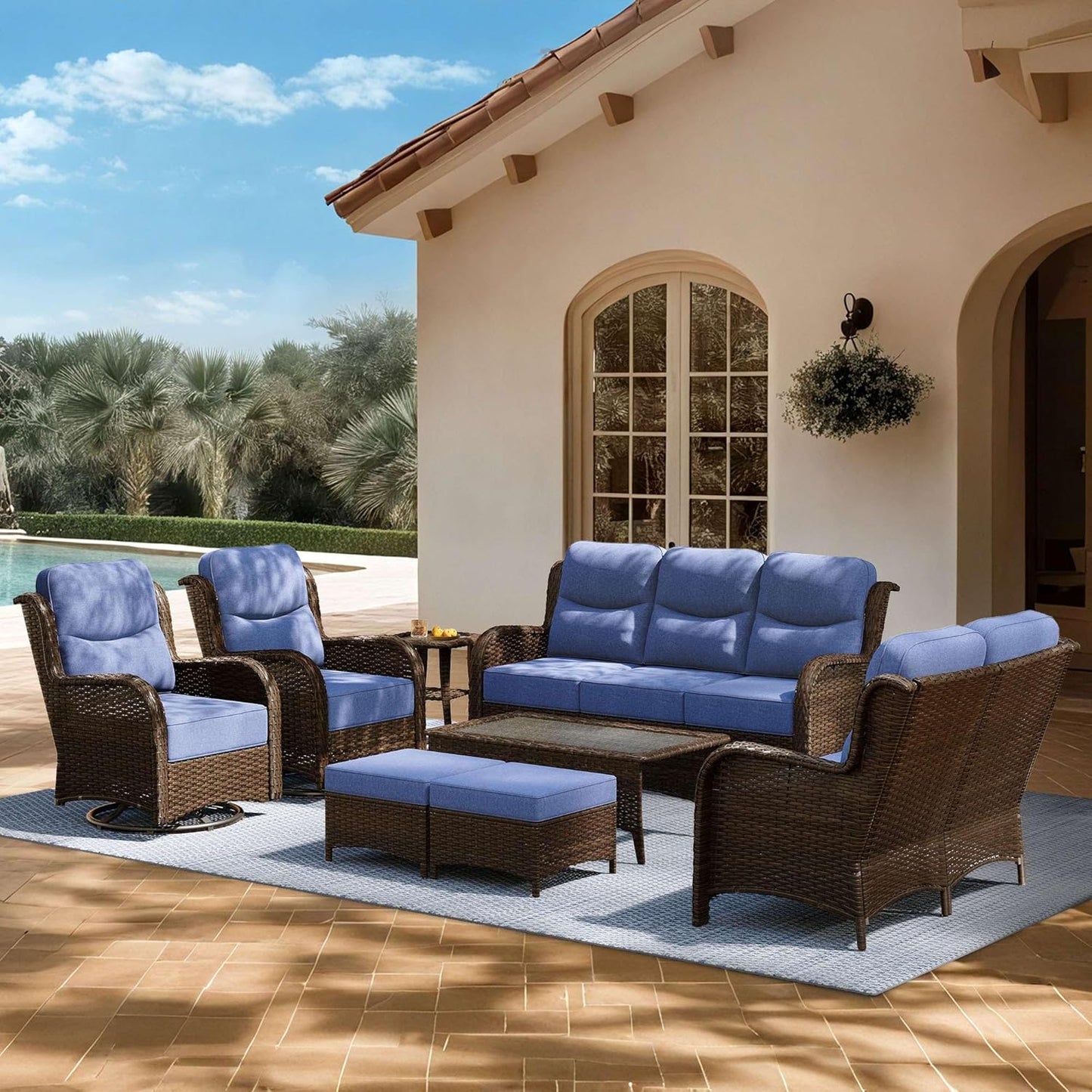 Outdoor Swivel Rocker Patio Chairs with 6-Inch Thick Cushions and Side Table, 3PCS High Back Wicker Patio Furniture Set for Porch, Balcony, Deck and Yard in Blue