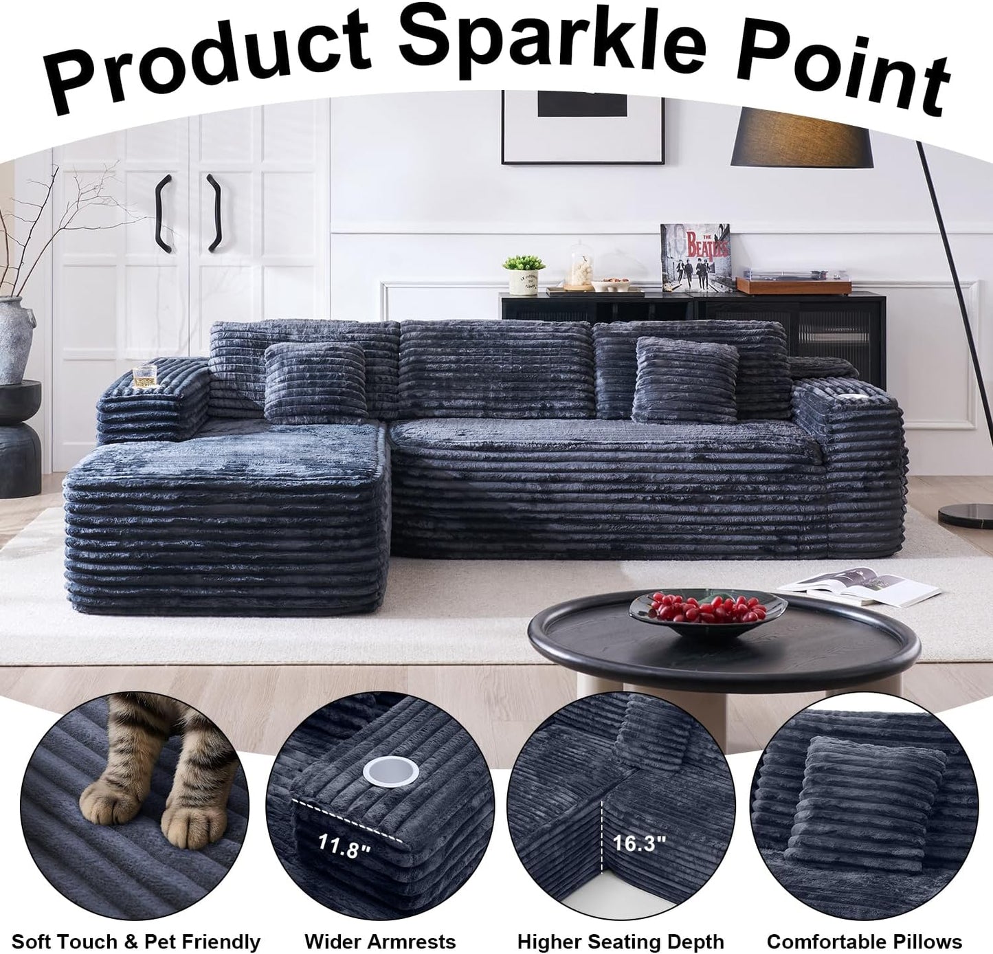 Cloud Sectional Couch with L-Shape Chaise, Modern Modular Sofa with Deep Seat, Built-in Cup Holder & Storage Pocket for Living Room Bedroom, No Assembly Required (Dark Gray, Left Sitting Chaise)