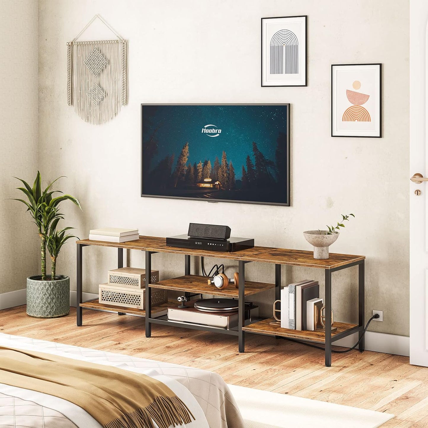 TV Stand with Power Outlets to 75 Inches, TV Console Table with Open Storage Shelves Cabinet, Industrial Media Entertainment Center for Living Room Bedroom, Rustic Brown and Black BF60DS01