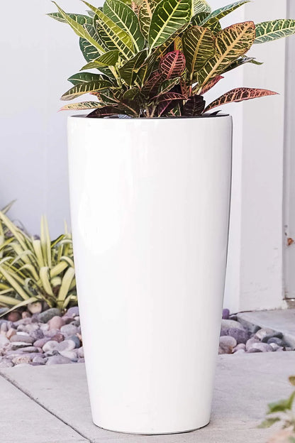 Nested Plastic Self Watering Indoor Outdoor Tall Round Planter Pot, Set of 2, 29.5 Inch Tall, White