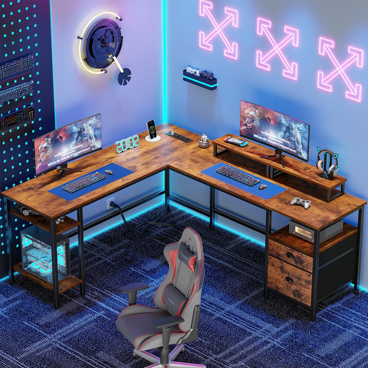 FUROLOGEE 66” L Shaped Desk with Power Outlet & Storage Shelves