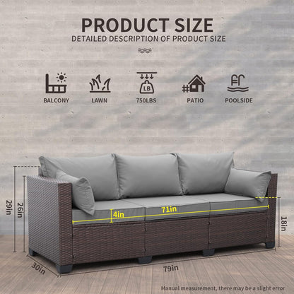 WAROOM Patio Couch PE Wicker 3-Seat Outdoor Brown Rattan Sofa Deep Seating Furniture with Non-Slip Beige Cushion