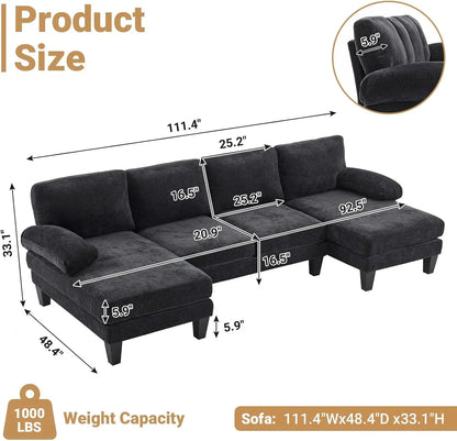 VINGLI 110" Sectional Couches for Living Room,U Shaped Couch with Double Chaise, 4-Seat Sofa Set with Chenille Fabric for Home Furniture,Beige